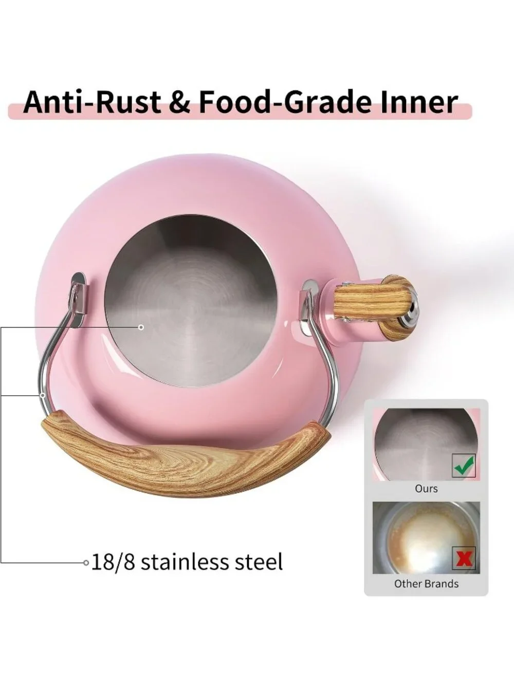 Pink Kitchen Whistling Tea Kettle 2.5 Quart Stainless Steel Wood Folding Handle